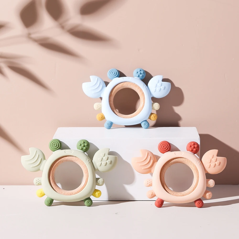 Baby Silicone Crab Teether with Wooden Ring