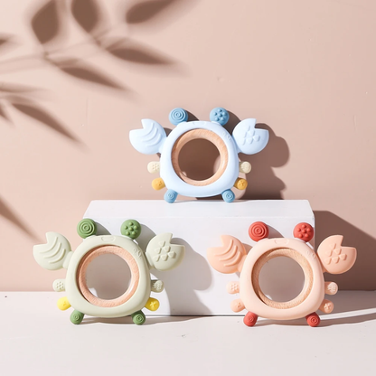 Baby Silicone Crab Teether with Wooden Ring