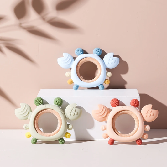 Baby Silicone Crab Teether with Wooden Ring