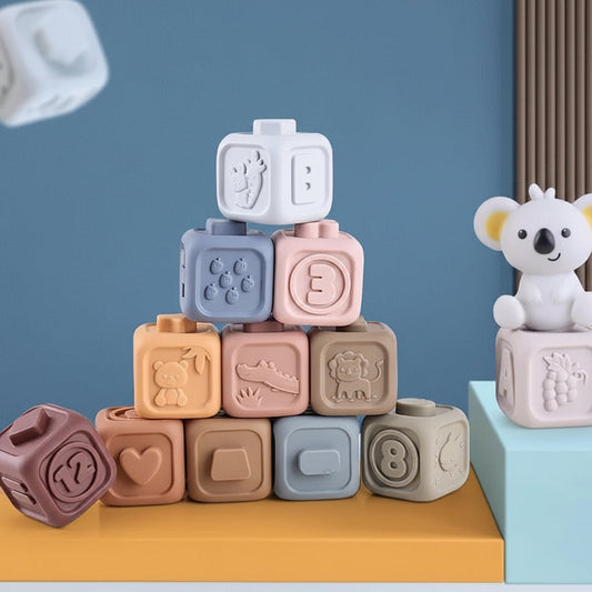 Cubos sensoriales apilables para bebés, con anillos mordedores, juguete educativo y de aprendizaje suave