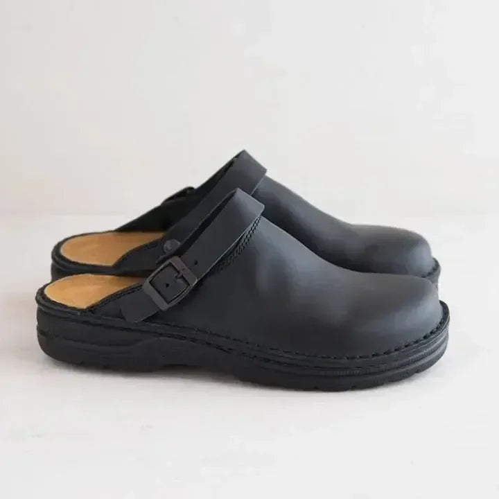 Berken Men’s Leather Slippers with Adjustable Strap and Soft Footbed