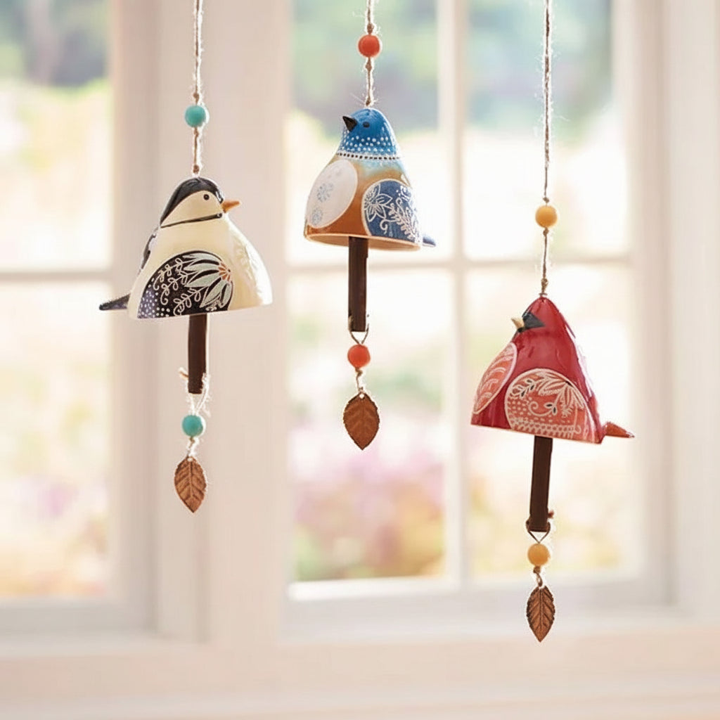 Carillon à vent avec oiseaux, décoration de jardin suspendue en résine, pour extérieur, terrasse et porche