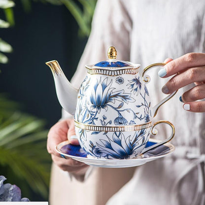 Blue Floral Tea for One Porcelain Teapot Cup Set