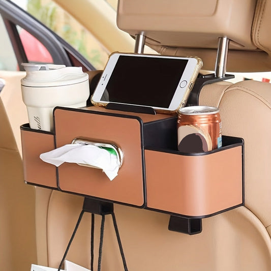 Organizador para el respaldo del asiento del coche, caja de almacenamiento de cuero PU, portavasos y portapañuelos