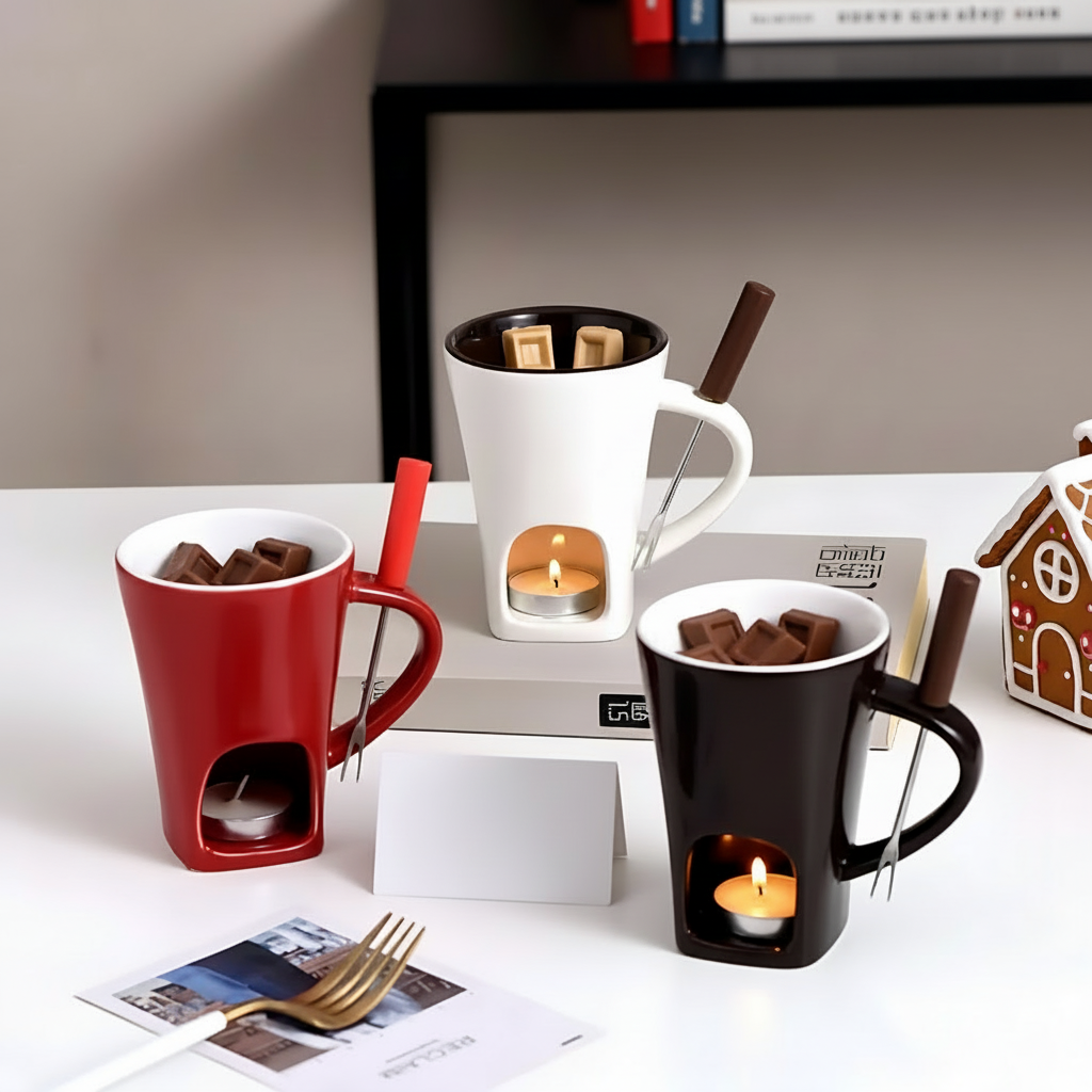 Set per fonduta in ceramica, riscaldato da candela, per cioccolato, formaggio e dessert