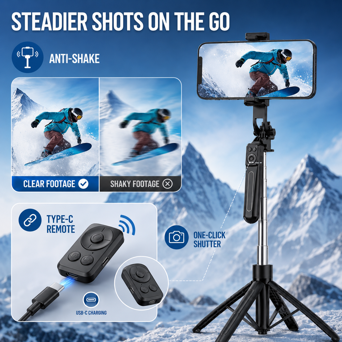 Collapsible Tripod and Selfie Stick with Bluetooth Remote