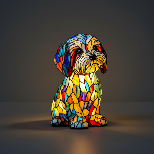 Lampada da tavolo LED con statuetta di cane colorata, luce notturna in stile vetro colorato