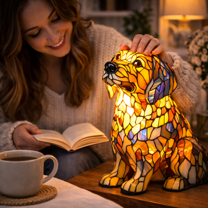 Colorful Stained Glass Dog Table Lamp LED Night Light Warm Amber