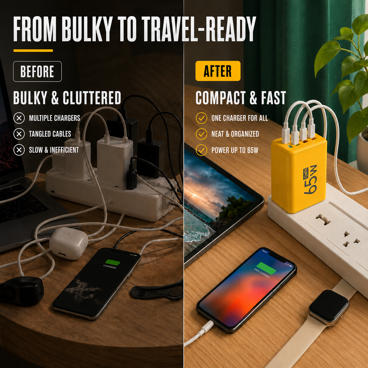 Compact 65W GaN Wall Charger with USB-C and USB-A Ports