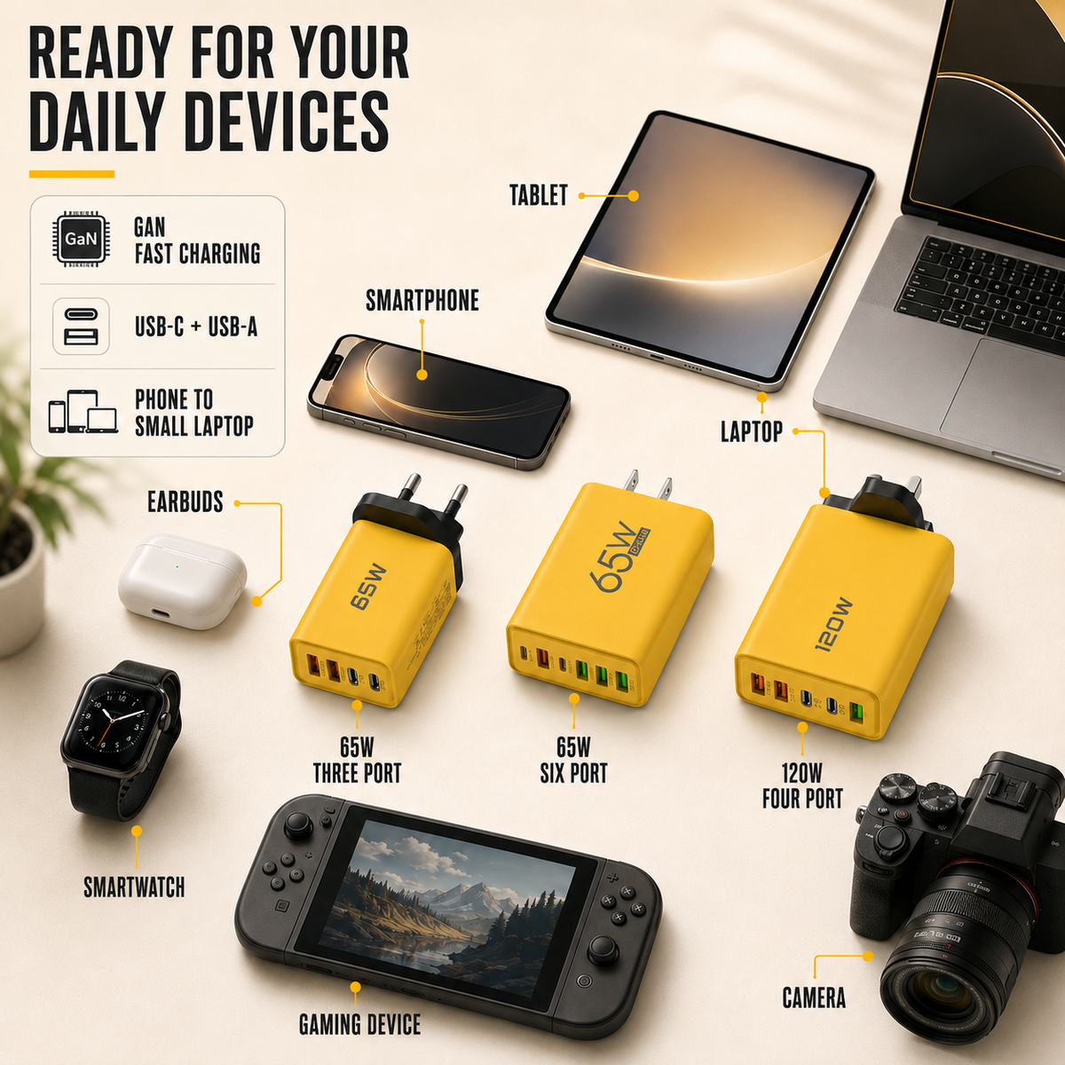 Compact 65W GaN Wall Charger with USB-C and USB-A Ports