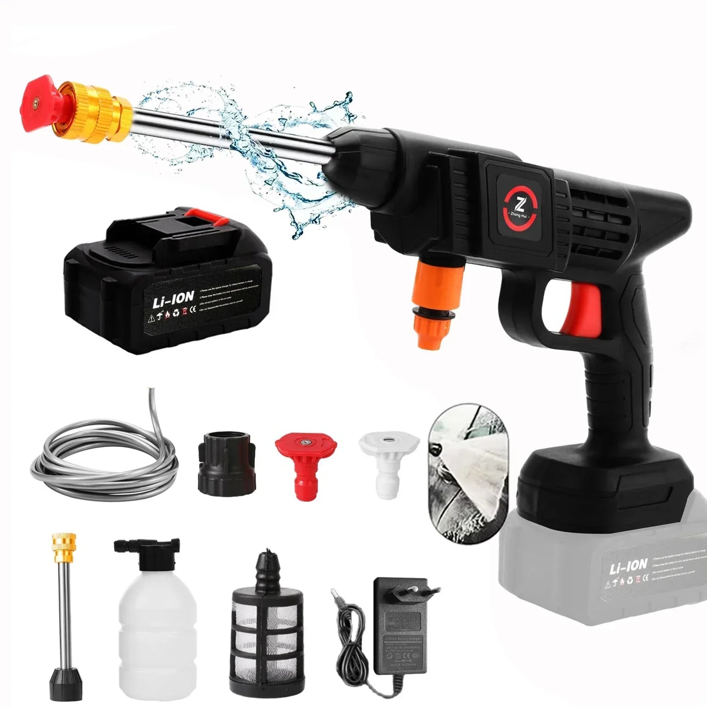 Cordless High Pressure Washer with Rechargeable Battery and Adjustable Nozzle