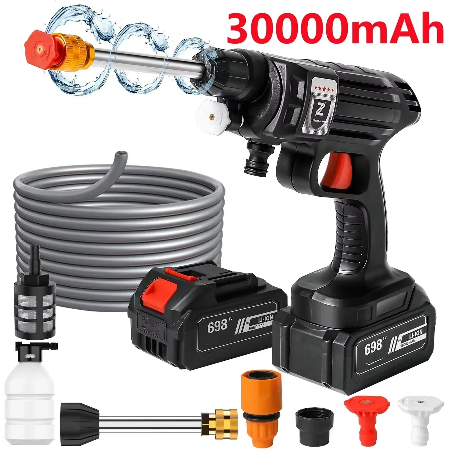 Cordless High Pressure Washer with Rechargeable Battery and Adjustable Nozzle