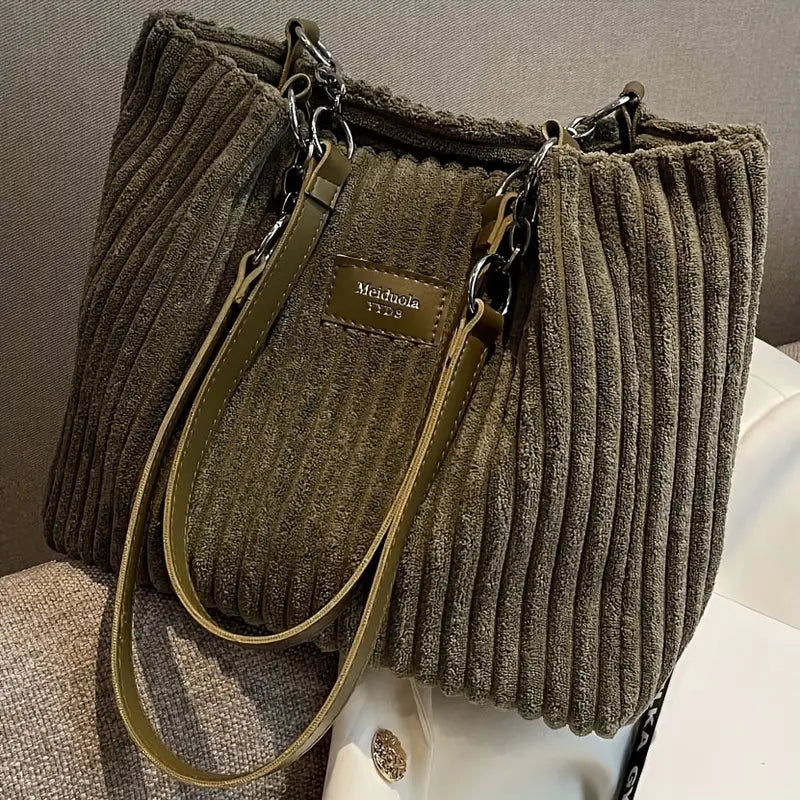 Corduroy Tote Bag for Women Spacious Shoulder Bag with Organised Pockets