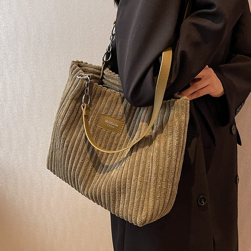 Corduroy Tote Bag for Women Spacious Shoulder Bag with Organised Pockets