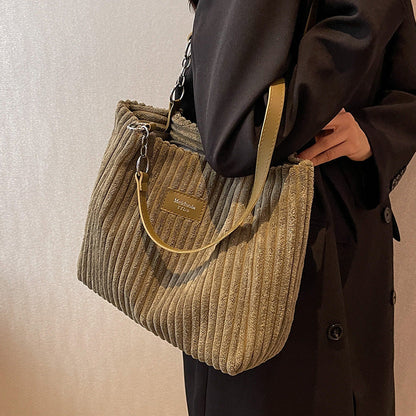 Corduroy Tote Bag for Women Spacious Shoulder Bag with Organised Pockets
