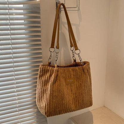 Corduroy Tote Bag for Women Spacious Shoulder Bag with Organised Pockets