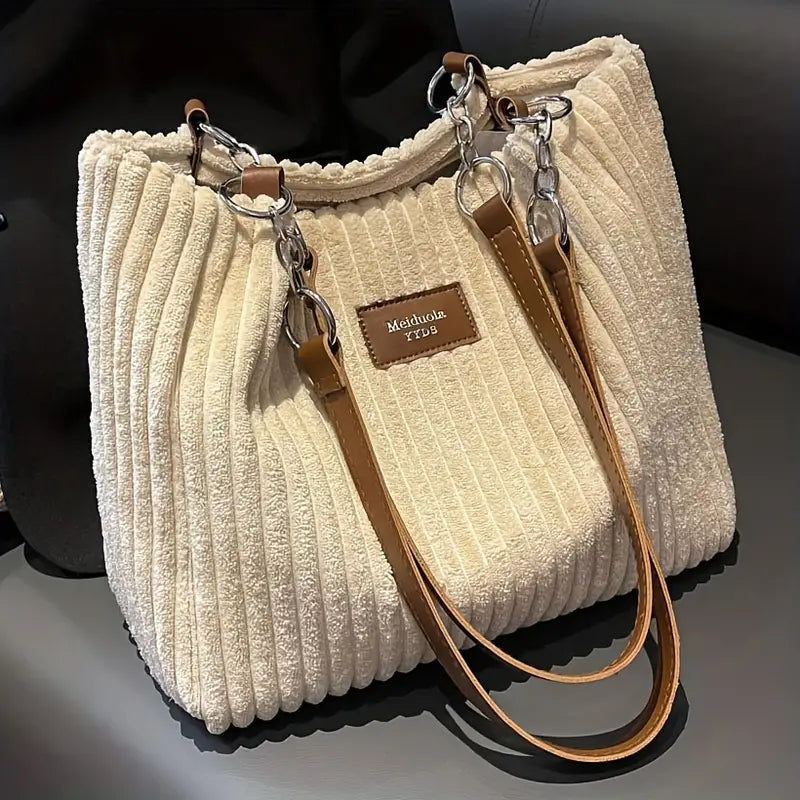 Corduroy Tote Bag for Women Spacious Shoulder Bag with Organised Pockets