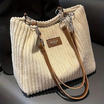 Corduroy Tote Bag for Women Spacious Shoulder Bag with Organised Pockets
