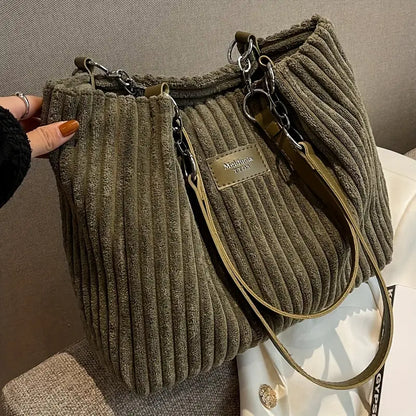 Corduroy Tote Bag for Women Spacious Shoulder Bag with Organised Pockets