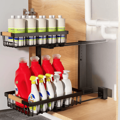 Curcura Adjustable Under Sink Organizer with Heavy Duty Steel Design