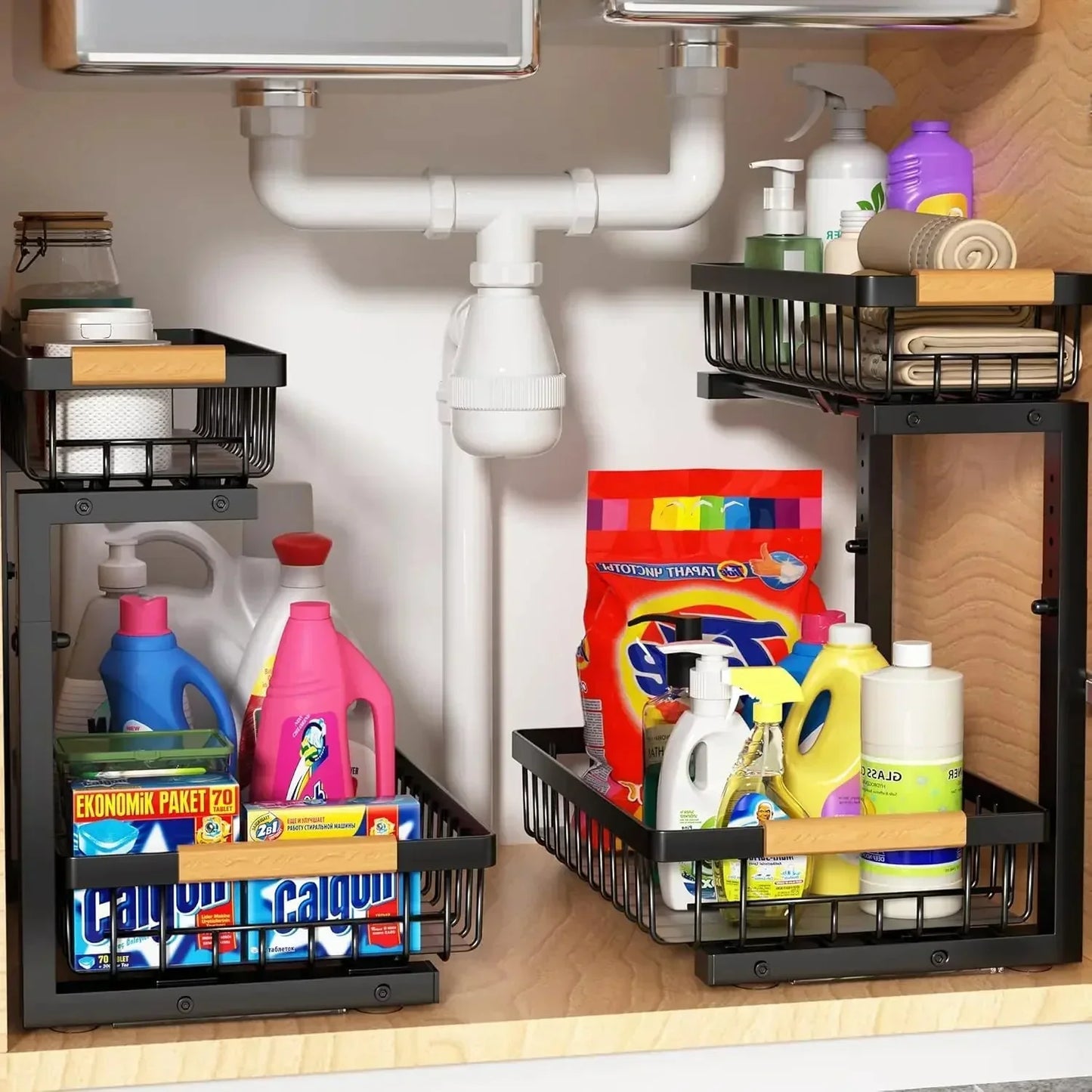 Curcura Adjustable Under Sink Organizer with Heavy Duty Steel Design