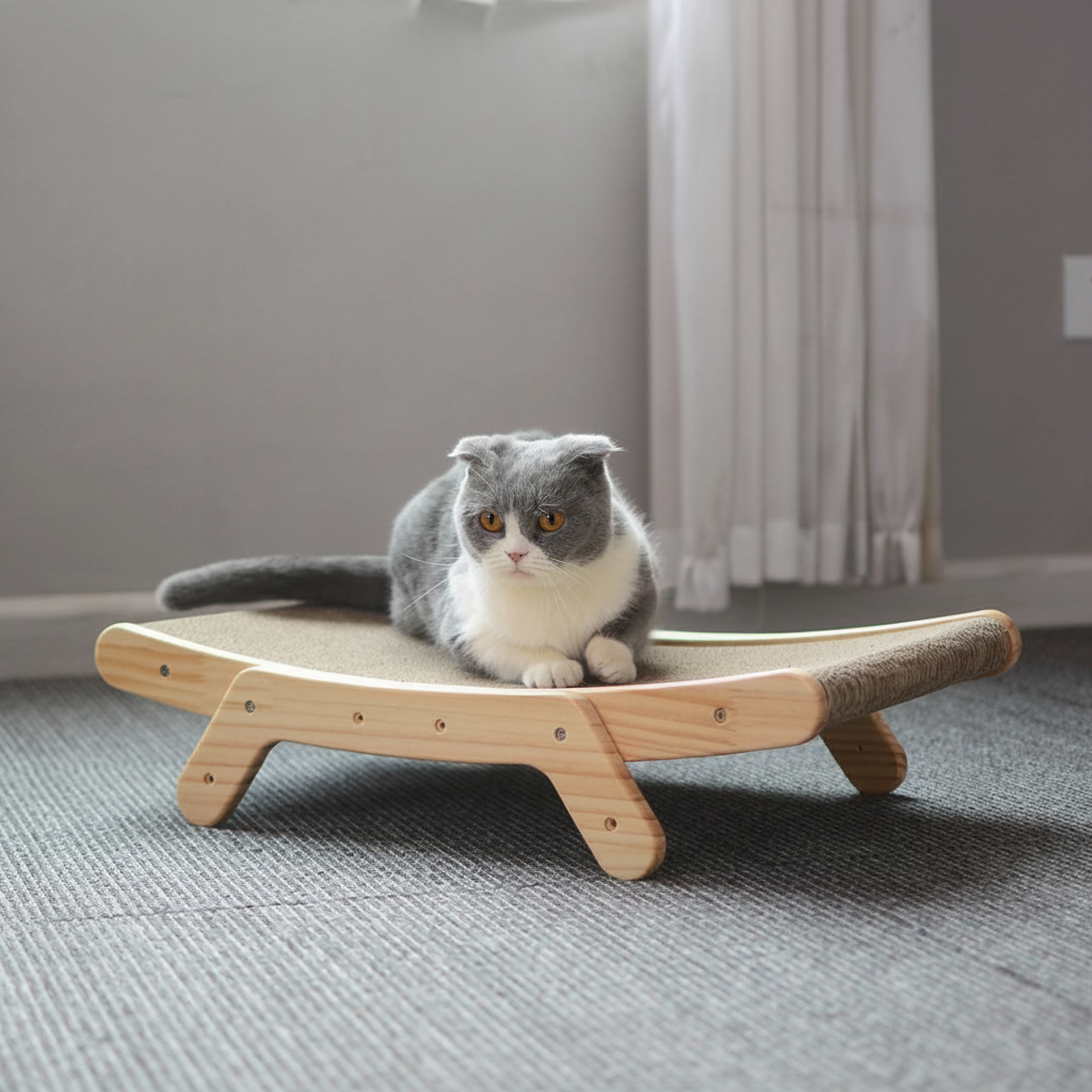Gebogen houten krabplank met loungebed voor katten