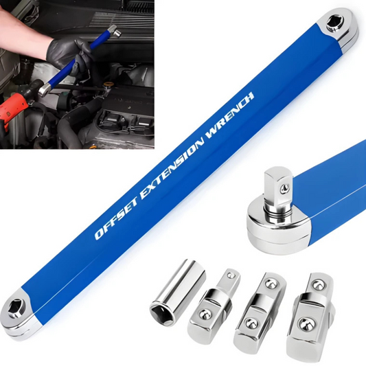 Double-Head Offset Extension Wrench with 4 Adapters for Tight Spaces