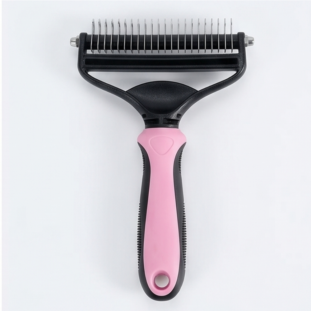 Double-Sided Dematting Brush for Dogs with 17-Blade Rake and 90-Tooth Deshedding Side