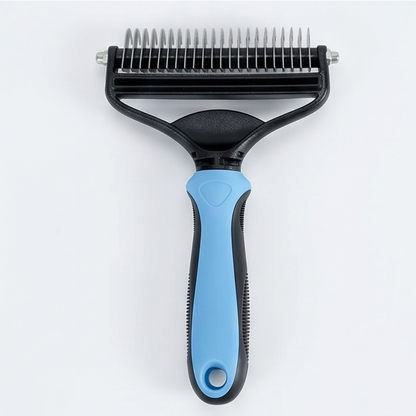 Double-Sided Dematting Brush for Dogs with 17-Blade Rake and 90-Tooth Deshedding Side