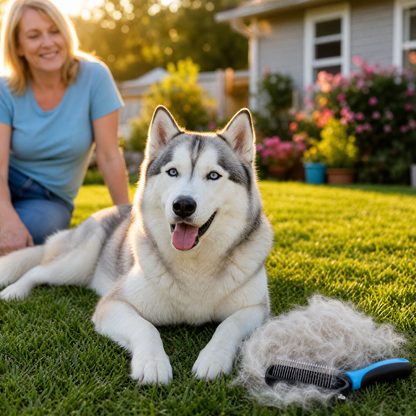 Double-Sided Dematting Brush for Dogs with 17-Blade Rake and 90-Tooth Deshedding Side