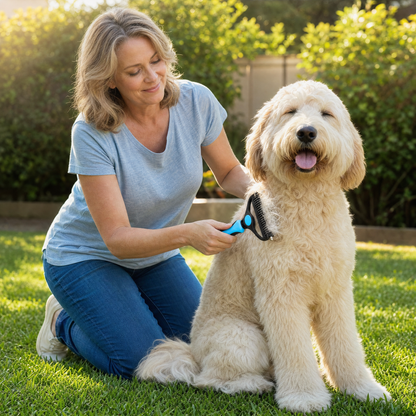 Double-Sided Dematting Brush for Dogs with 17-Blade Rake and 90-Tooth Deshedding Side