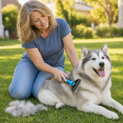 Double-Sided Dematting Brush for Dogs with 17-Blade Rake and 90-Tooth Deshedding Side