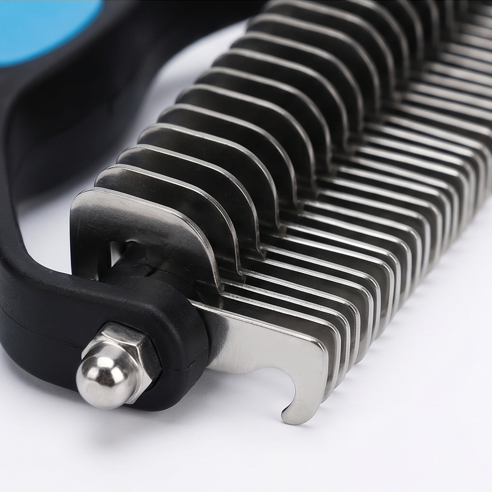 Double-Sided Dematting Brush for Dogs with 17-Blade Rake and 90-Tooth Deshedding Side