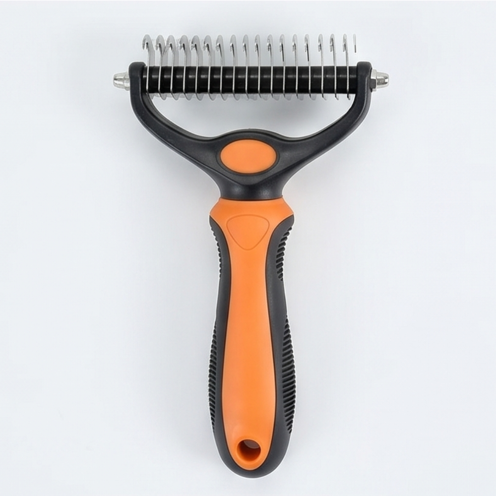 Double-Sided Dematting Brush for Dogs with 17-Blade Rake and 90-Tooth Deshedding Side