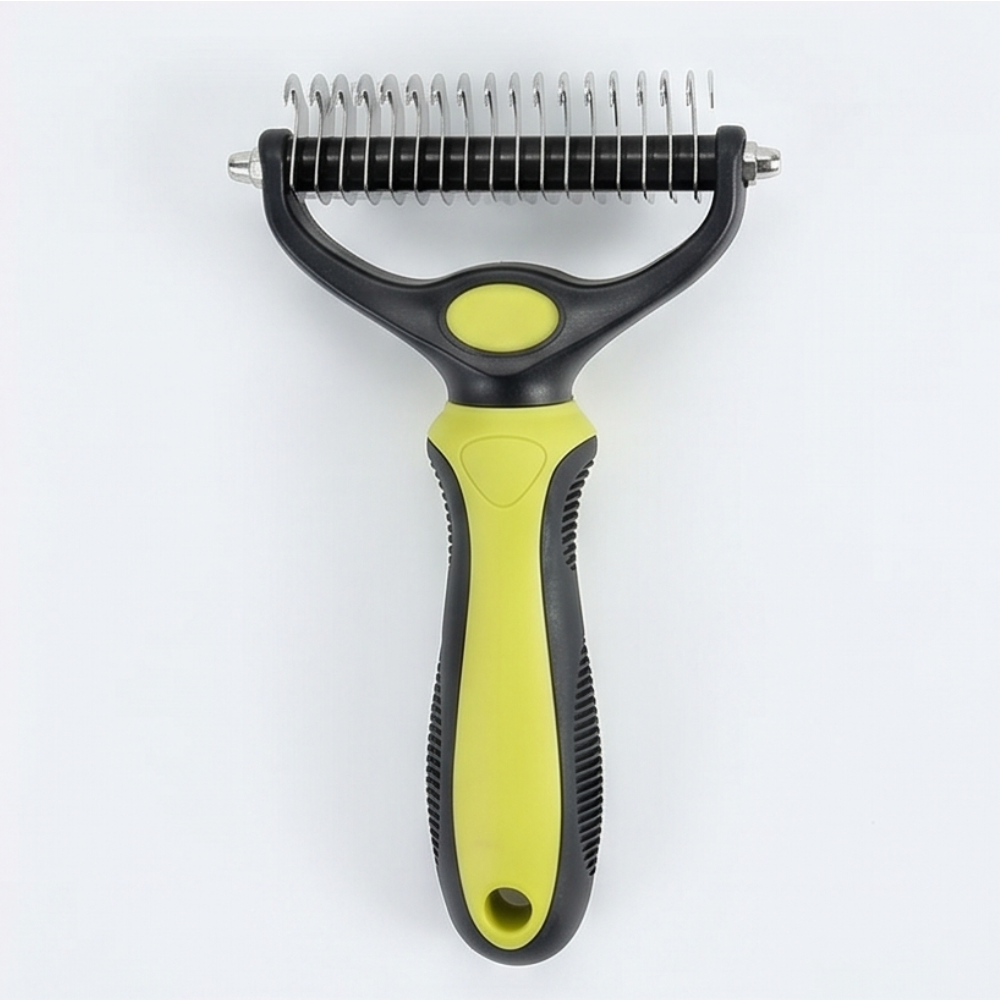 Double-Sided Dematting Brush for Dogs with 17-Blade Rake and 90-Tooth Deshedding Side