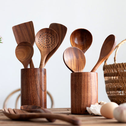 Eco Friendly Teak Wooden Kitchen Utensil Set Non Scratch Cooking Tools