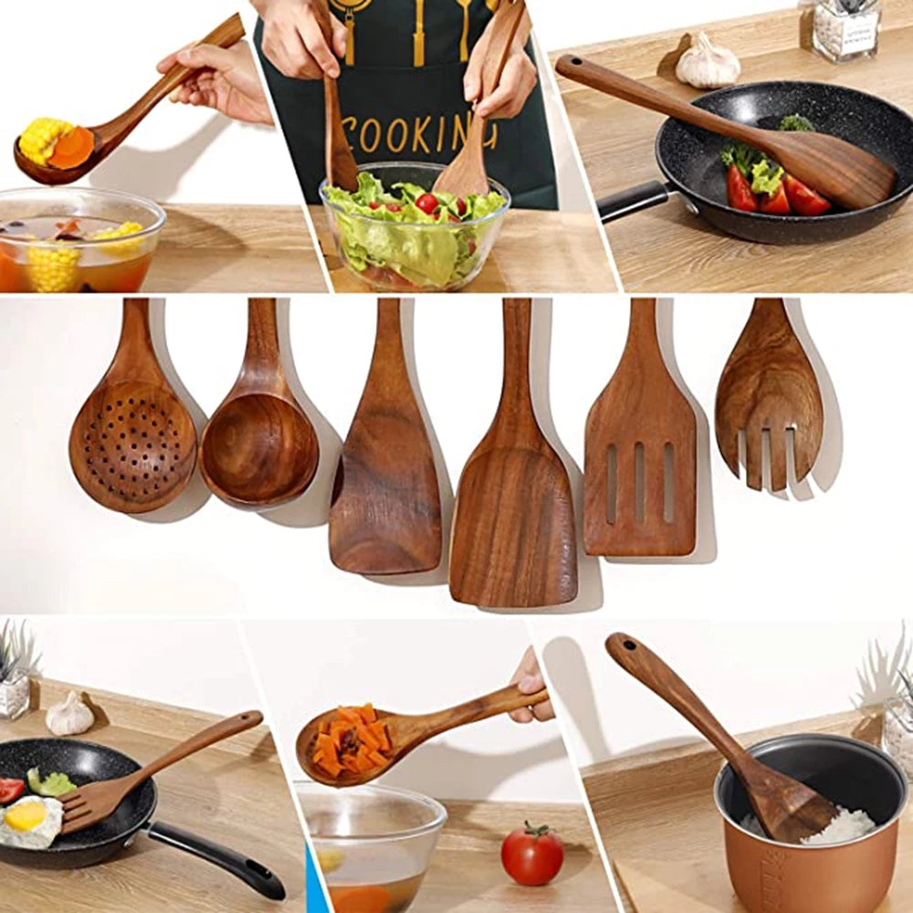 Eco Friendly Teak Wooden Kitchen Utensil Set Non Scratch Cooking Tools
