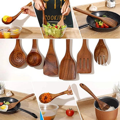 Eco Friendly Teak Wooden Kitchen Utensil Set Non Scratch Cooking Tools