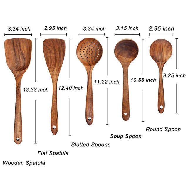 Eco Friendly Teak Wooden Kitchen Utensil Set Non Scratch Cooking Tools