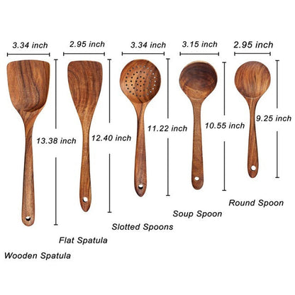 Eco Friendly Teak Wooden Kitchen Utensil Set Non Scratch Cooking Tools