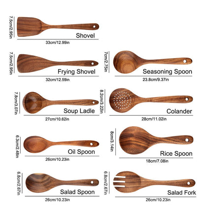 Eco Friendly Teak Wooden Kitchen Utensil Set Non Scratch Cooking Tools