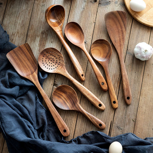 Eco Friendly Teak Wooden Kitchen Utensil Set Non Scratch Cooking Tools
