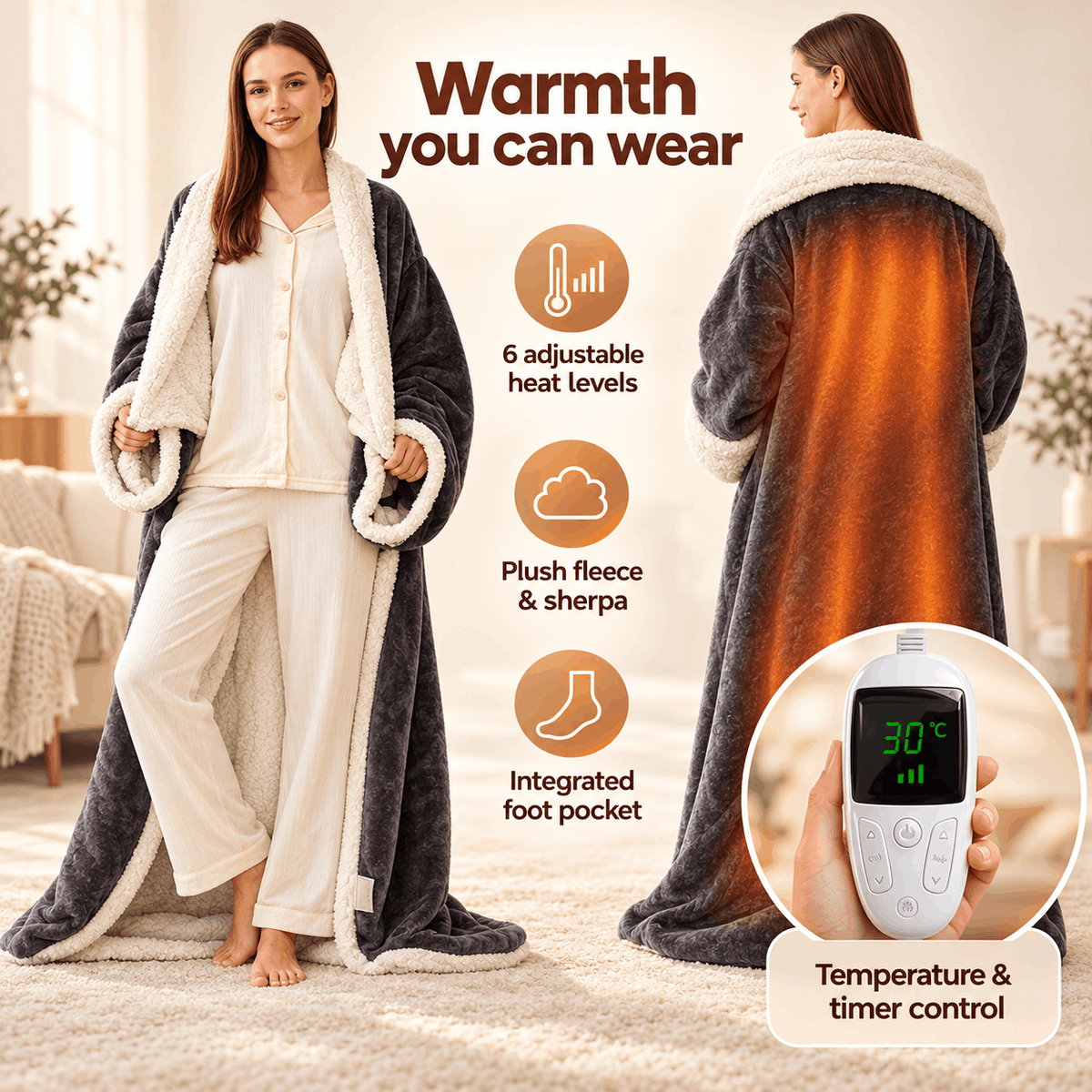 Manta eléctrica térmica ponible con mangas, forro polar Sherpa, bolsillo para los pies, manta afelpada y controlador digital