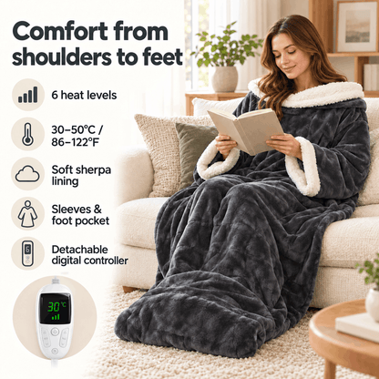 Manta eléctrica térmica ponible con mangas, forro polar Sherpa, bolsillo para los pies, manta afelpada y controlador digital