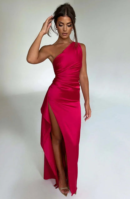 Eliana Off Shoulder Pleated Satin Dress