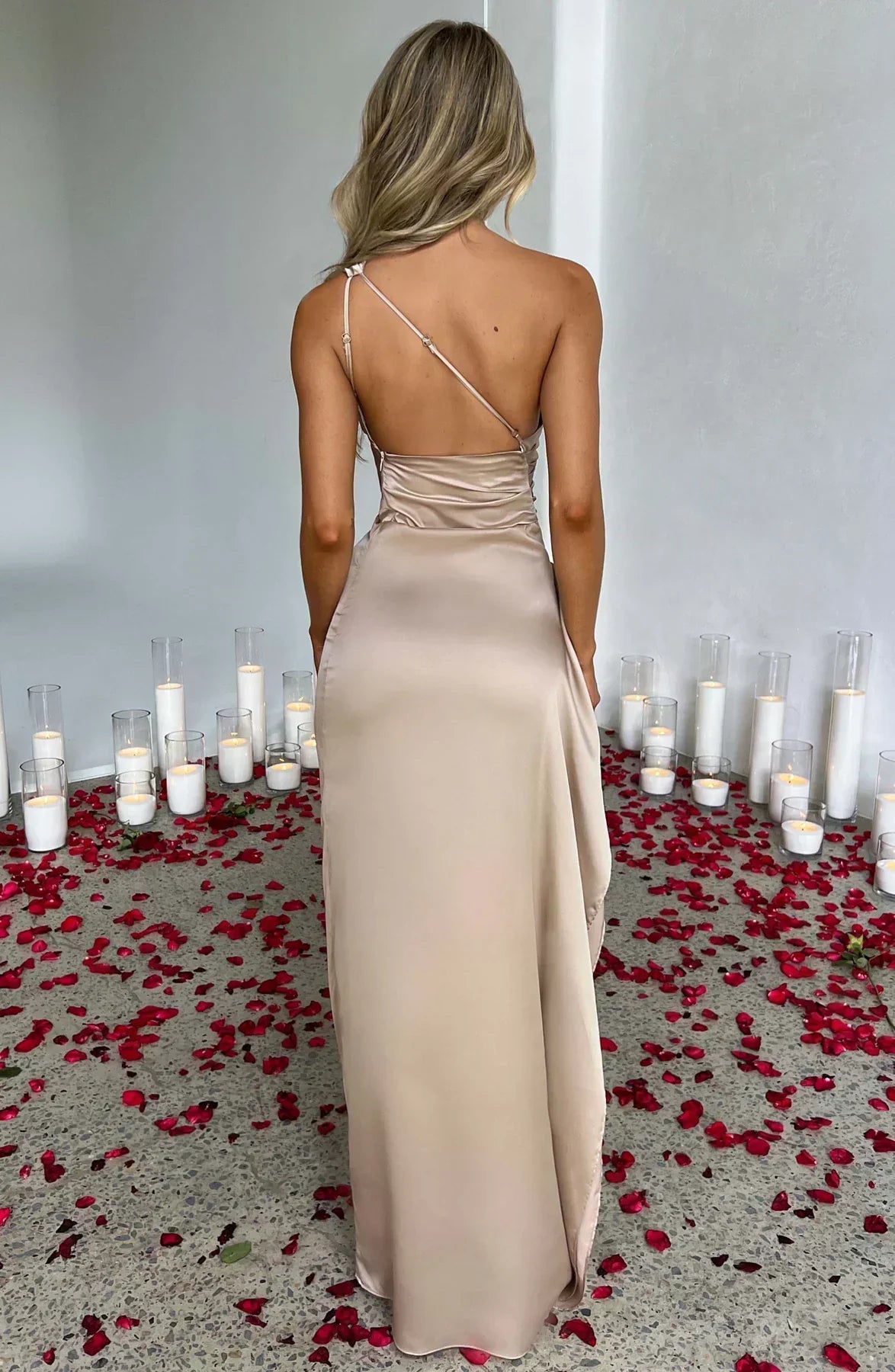 Eliana Off Shoulder Pleated Satin Dress