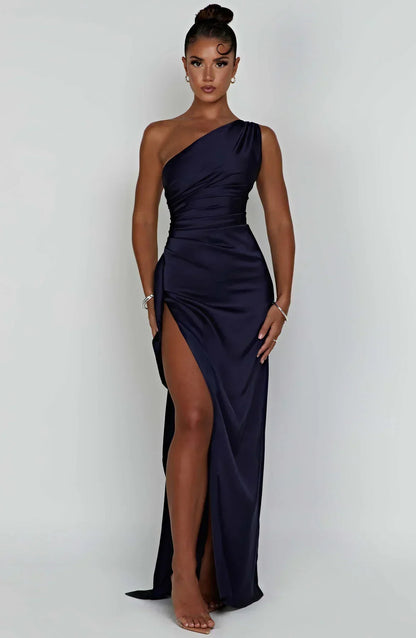 Eliana Off Shoulder Pleated Satin Dress