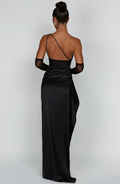 Eliana Off Shoulder Pleated Satin Dress