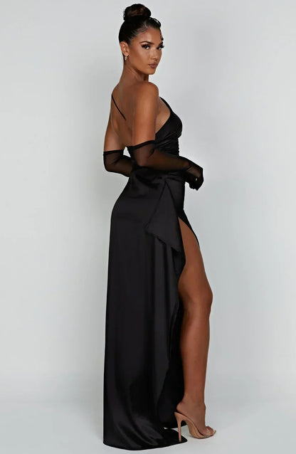 Eliana Off Shoulder Pleated Satin Dress