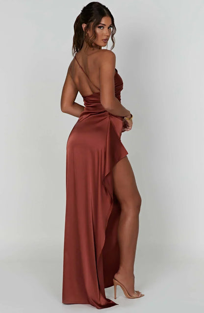 Eliana Off Shoulder Pleated Satin Dress